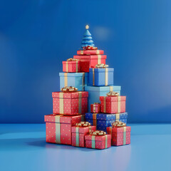 Obraz premium Stack of christmas gift boxes. Holiday red and blue presents with gold ribbons 3d illustration. Blue festive background.
