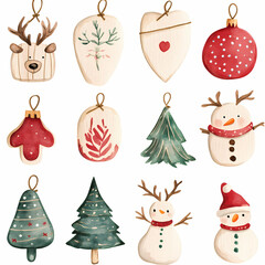 christmas icons set,xmas new year celebration decor clipart, watercolor illustration, isolated on a white background 
