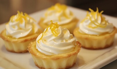 lemon cream tarts topped with whipped cream and lemon zest, Generative AI 