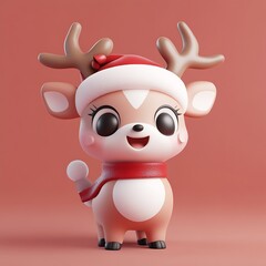 Fototapeta premium Charming Reindeer Illustration in Santa Hat with Red Scarf on Pink Background for Festive Season : Generative AI