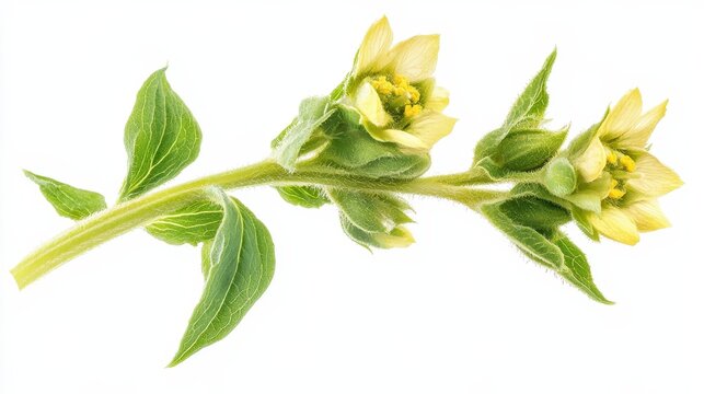 Close-up of delicate yellow bellflowers on a green stem isolated on white background