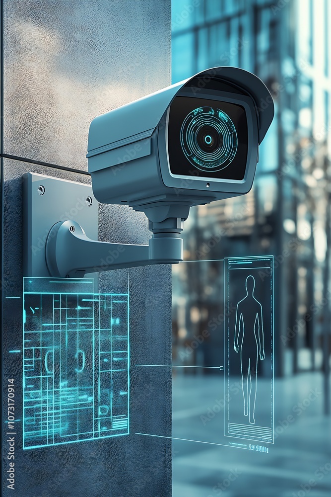 Aufkleber innovative biometric facial recognition security camera in high-tech urban environment : generative 