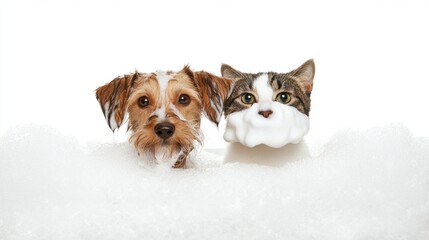 Adorable dog and cat with foam beards, sitting in a bath, isolated on white, symbolizing pet hygiene