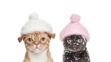 Obraz premium Adorable dog and cat with foamy hats in a bath, isolated on white, symbolizing cleanliness and fun