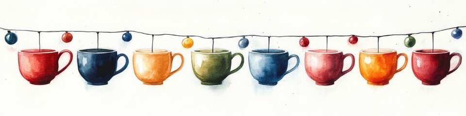 Minimalist watercolor illustration of tea cups, decorative fans, and branches on a softly lit evening backdrop.