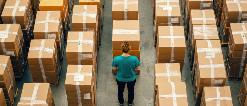 A person stands in a warehouse aisle surrounded by neatly stacked cardboard boxes, representing logistics and inventory management.