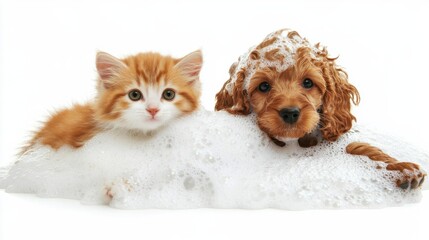 Cute cat and dog enjoying a bubbly bath, isolated on white, symbolizing a fun grooming session