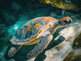 Obraz premium Turtle swimming near rocks