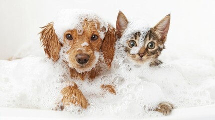 Cute dog and cat covered in bubbles in a bathtub, isolated on white, representing happy bath time
