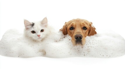 Cute dog and cat enjoying a bath time with bubbles, isolated on white, representing clean pets