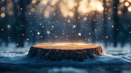 Empty Tree Stump, mockup for product, advertisement, covered with light snow dust. Against the background of a blurred forest with a warm golden glow