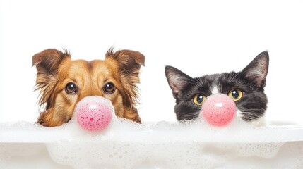 Obraz premium Cute dog and cat with bubbles on noses, sitting in a tub, isolated on white, symbolizing pet bath time