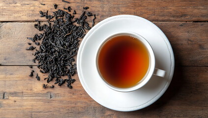 Flat lay of a wooden table with a cup of tea.
