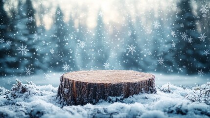 Empty tree stump on snow covered with snow dust, mockup for product, advertising