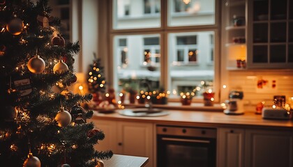 Fototapeta premium Charming Festive Kitchen Interior with Christmas Tree and Twinkling Lights Display : Generative AI