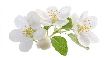 Obraz premium Delicate white blossom flowers with green leaves on a branch