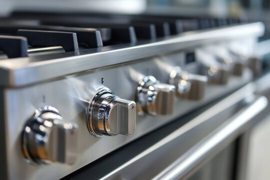 Close-up image of a stainless steel gas stove with shiny control knobs, capturing an elegant and modern kitchen appliance setting.