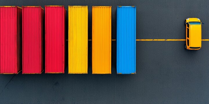 Aerial view of brightly colored shipping containers arranged in rows, with a yellow vehicle positioned parallel on an asphalt surface.