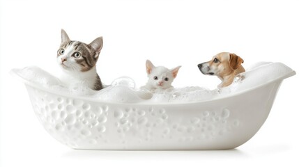 Playful cat and dog in a bath tub with shampoo bubbles, isolated on white, symbolizing pet grooming