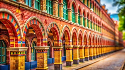 Fototapeta premium Vibrant Tilt-Shift Photography of Colorful Arches Against a Red Brick Wall Building Facade with Ample Empty Space for Creative Design and Composition Ideas