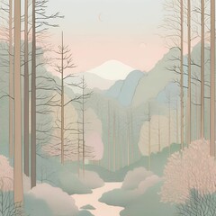 A minimalist line art drawing of a serene forest, soft pastel colors, zen vibes, Japanese aesthetic 