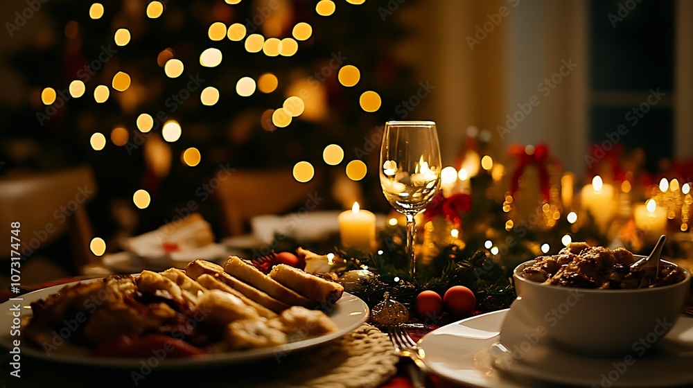 Poster warm and inviting christmas dinner table decorated with candles and tree lights : generative ai