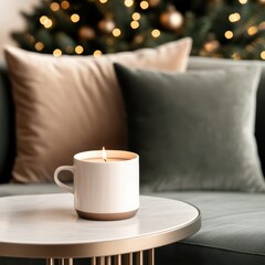 A cozy candle placed on a stylish table, with soft cushions and a festive backdrop of blurred lights, creating a warm ambiance perfect for promoting home decor, relaxation, and holiday themes,