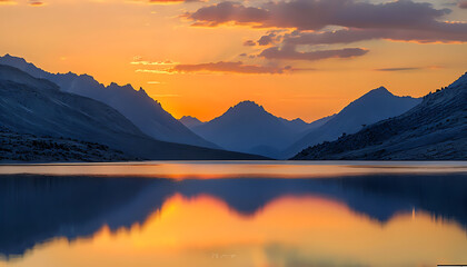 Fototapeta premium Sunset in the mountains at a calm lake - Sunset over the mountain reflection at golden hour, Calm mountain lake reflecting the sunset in the mountains, dawn