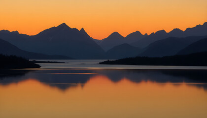 Sunset in the mountains at a calm lake - Sunset over the mountain reflection at golden hour, Calm mountain lake reflecting the sunset in the mountains, dawn