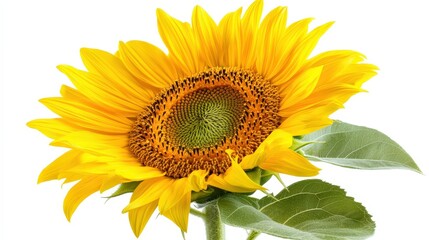 Obraz premium Vibrant sunflower with detailed petals and leaves against a white background