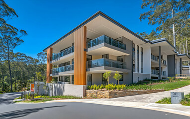 Modern residential building with balconies surrounded by greenery and clear blue sky.