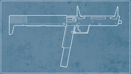 blueprint of upgraded tuned russian folded pp 90 submachine gun blue background