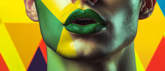 Closeup of a Persons Face with Green Lips and Colorful Makeup