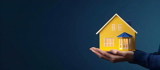 A person holding a small yellow house model, symbolizing real estate or home ownership.