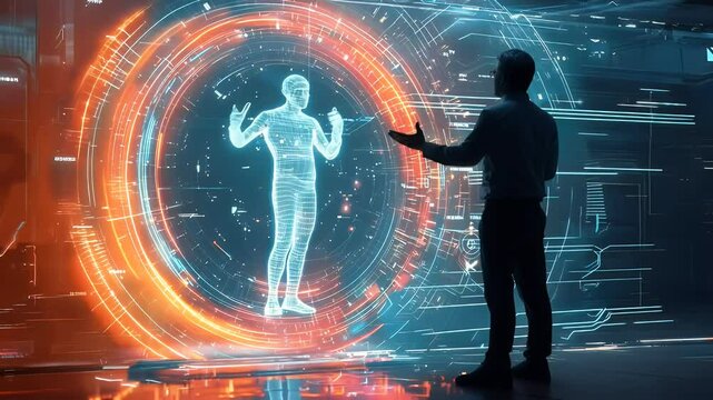 A virtual mentor or coach in the form of a glowing avatar teaching a businessman through a digital interface.