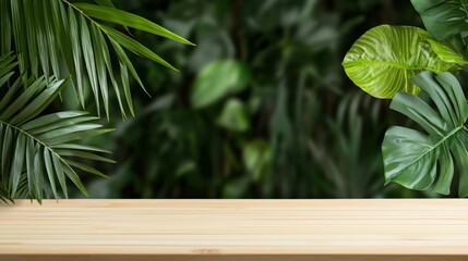 Obraz premium A serene wooden table surrounded by lush green tropical leaves.