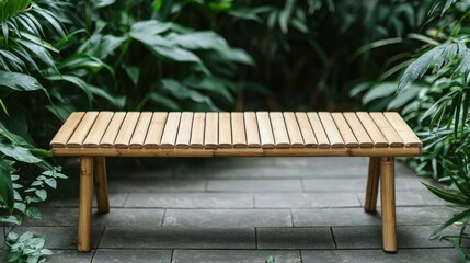 Fototapeta premium A simple wooden bench surrounded by lush green plants in a serene environment.