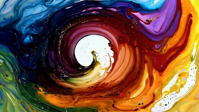 Black and colored ink splashes arranged in a spiraling flow.