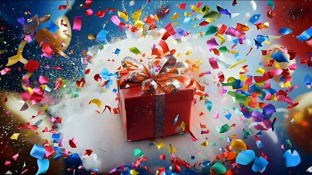 A gift box exploding with confetti, streamers, and balloons, symbolizing celebration and joy.