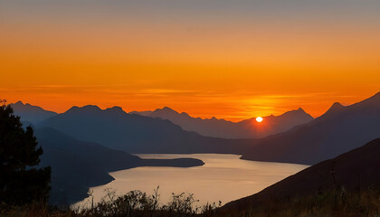 Fototapeta premium Sunset in the mountains at a calm lake - Sunset over the mountain reflection at golden hour, Calm mountain lake reflecting the sunset in the mountains, dawn