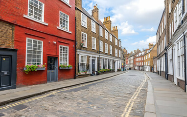 Charming cobblestone street lined with colorful historic buildings and flower pots.