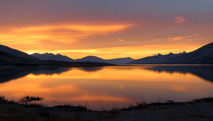 Obraz premium Sunset in the mountains at a calm lake - Sunset over the mountain reflection at golden hour, Calm mountain lake reflecting the sunset in the mountains, dawn