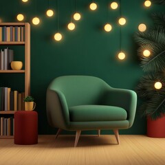 Cozy home library, warm lights, peaceful atmosphere, 3D illustration
