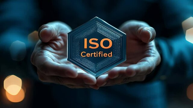 Two hands holding a shiny, official-looking ISO Certified badge in front of a blurred business background.