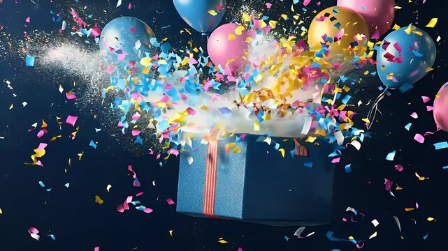 A gift box exploding with confetti, streamers, and balloons, symbolizing celebration and joy.