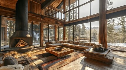 Fototapeta premium Cozy Cabin Living Room with a Mountain View