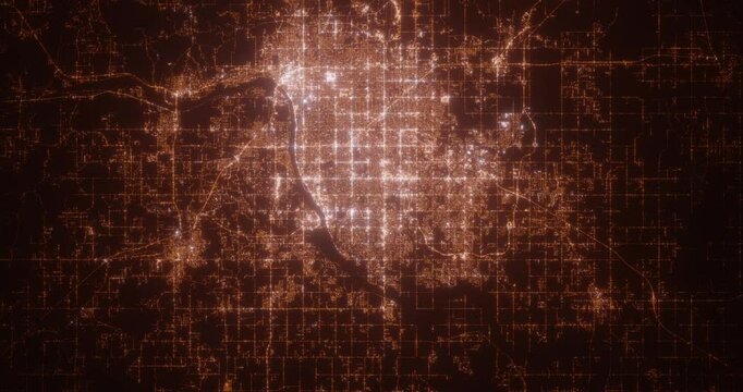 Tulsa (Oklahoma, USA) aerial view at night. Satellite view on modern city with street lights. Camera is flying above the city, moving forward