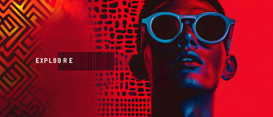 Abstract Portrait of a Person Wearing Sunglasses with Red and Blue Lighting, Abstract Portrait of a Person Wearing Sunglasses with Red and Bl