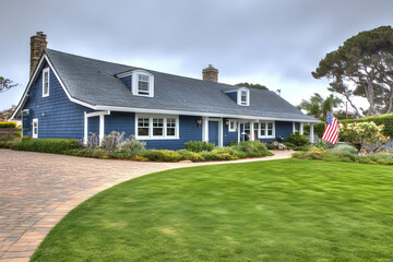 A charming blue house with a well-maintained lawn and American flag.