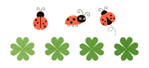 Set of ladybird cartoons and green clover leaves icon set isolated on white background vector.